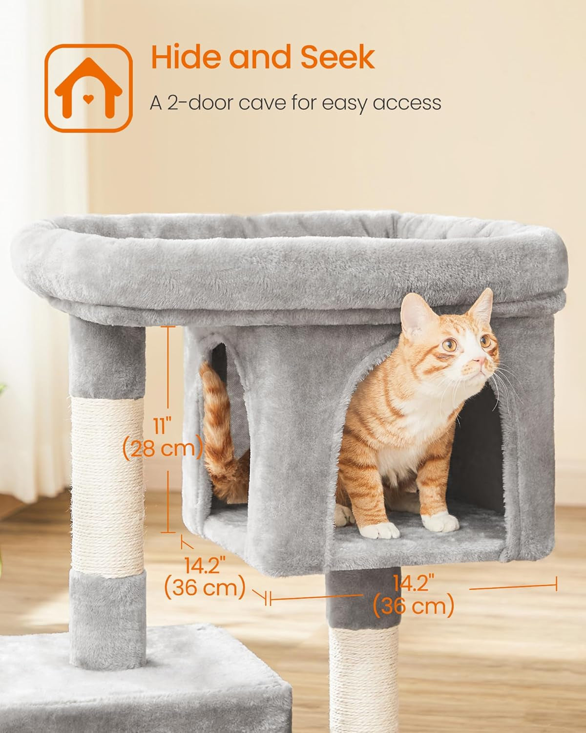 Cat Tree, 33.1-Inch Cat Tower, Plush Condo for Large Cats up to 16 Lb, Large Perch, 2 Caves, Scratching Post, Light Gray UPCT61W
