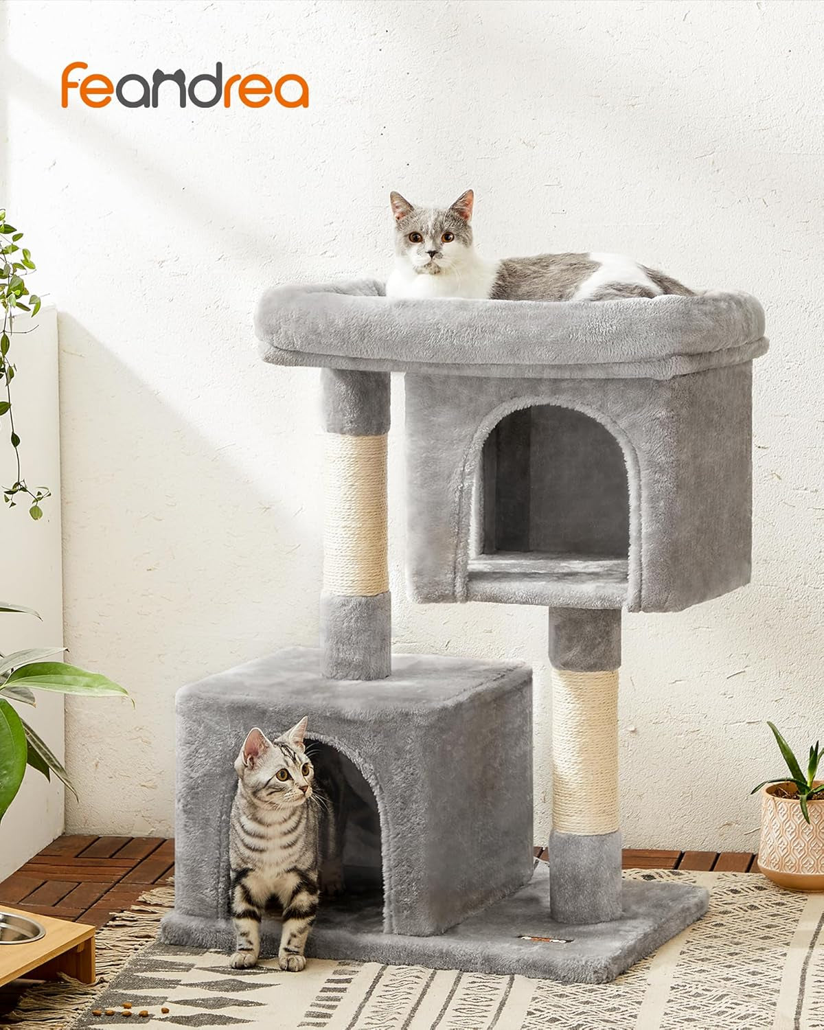 Cat Tree, 33.1-Inch Cat Tower, Plush Condo for Large Cats up to 16 Lb, Large Perch, 2 Caves, Scratching Post, Light Gray UPCT61W